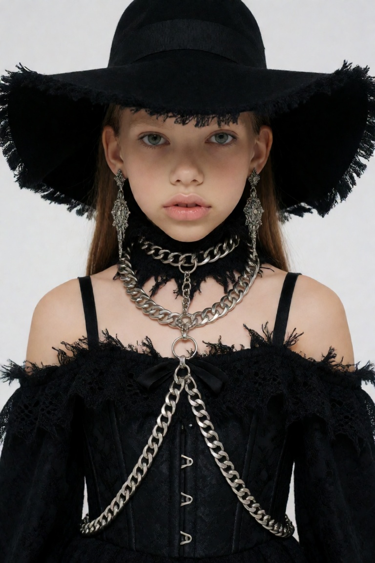 masterpiece,  very aesthetic,  The image features a girl dressed in a striking dark gothic fashion style. Here is a breakd...