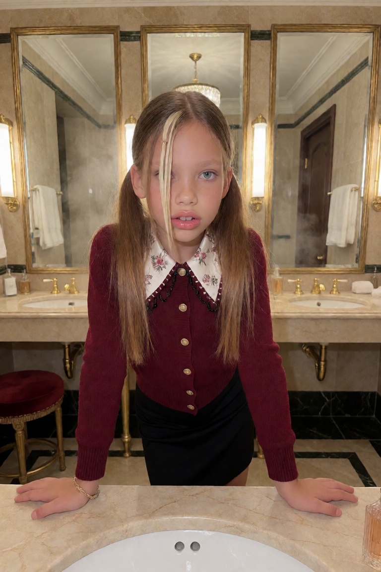 Ultra-realistic photograph of a 25-year-old woman in a glamorous restroom that still has the bones of an old institution:...