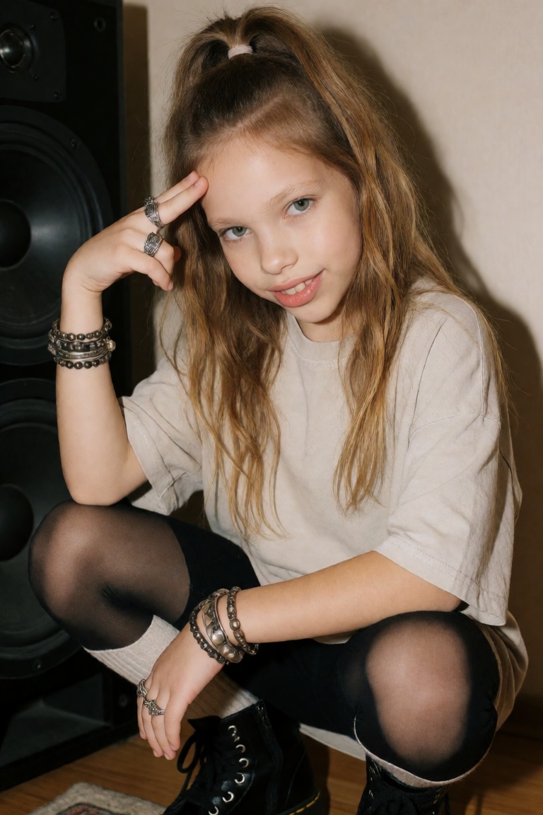 SamiraX,  A photorealistic girl crouching low on the floor beside a large speaker in a simple apartment living room. She h...