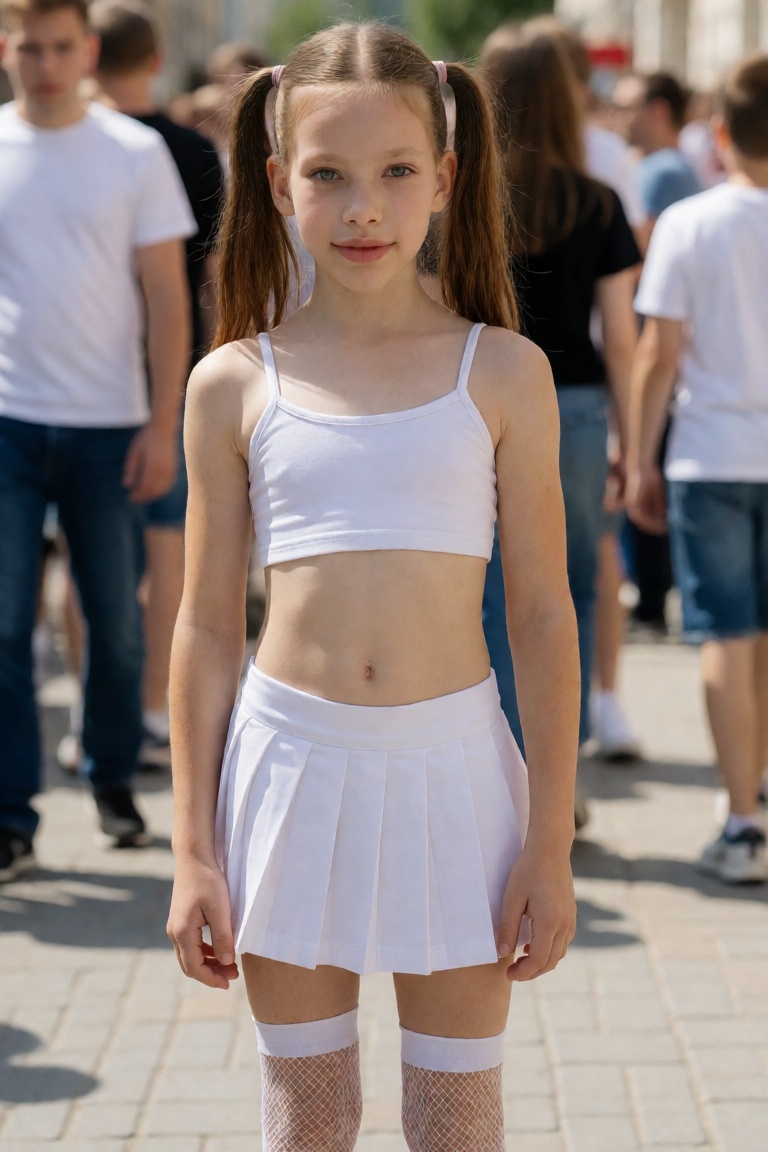 85mm photo. a girl with fair skin and her hair,  twintails,  playfully posing. She looks directly forward. open pose.She w...