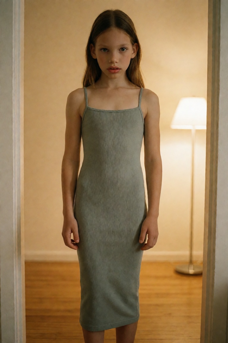 editorial full-length shot of a slender woman standing in a softly lit doorway framing. She wears a tightly bodycon form-f...