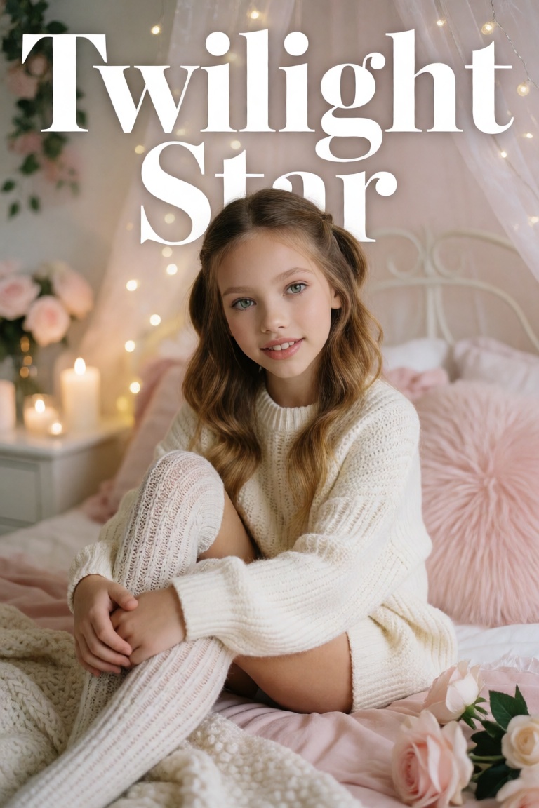 A photorealistic glossy magazine cover featuring a girl sitting on a pastel-colored bed in a dreamy bedroom,  smiling soft...