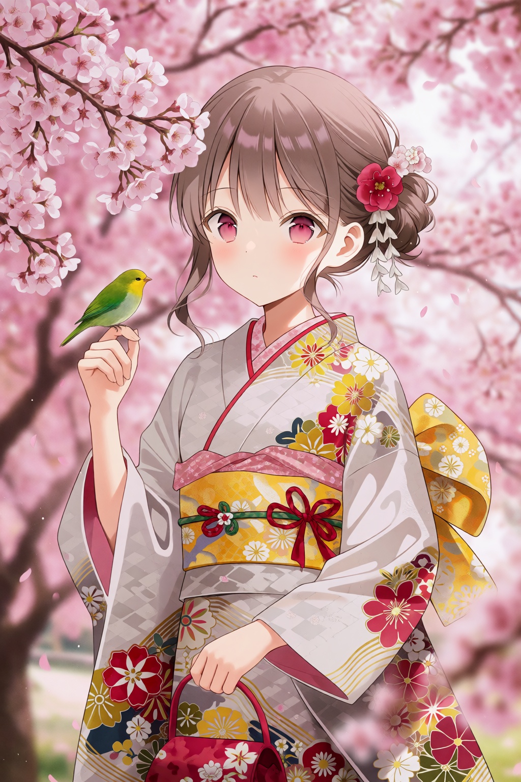 weri style. A young girl dressed in a traditional Japanese kimono,  standing amidst a backdrop of cherry blossom trees in...