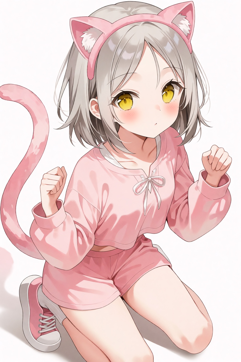 weri style. A young girl with short,  light gray hair and large,  expressive yellow eyes. She is wearing a light pink outf...