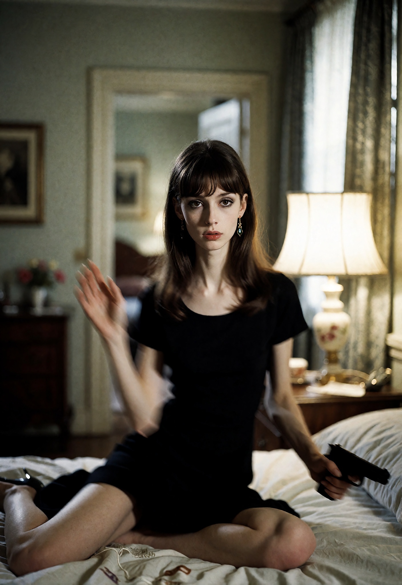The image captures a woman in a moment of poised unease,  embodying the quintessential essence of a mysterious and artisti...