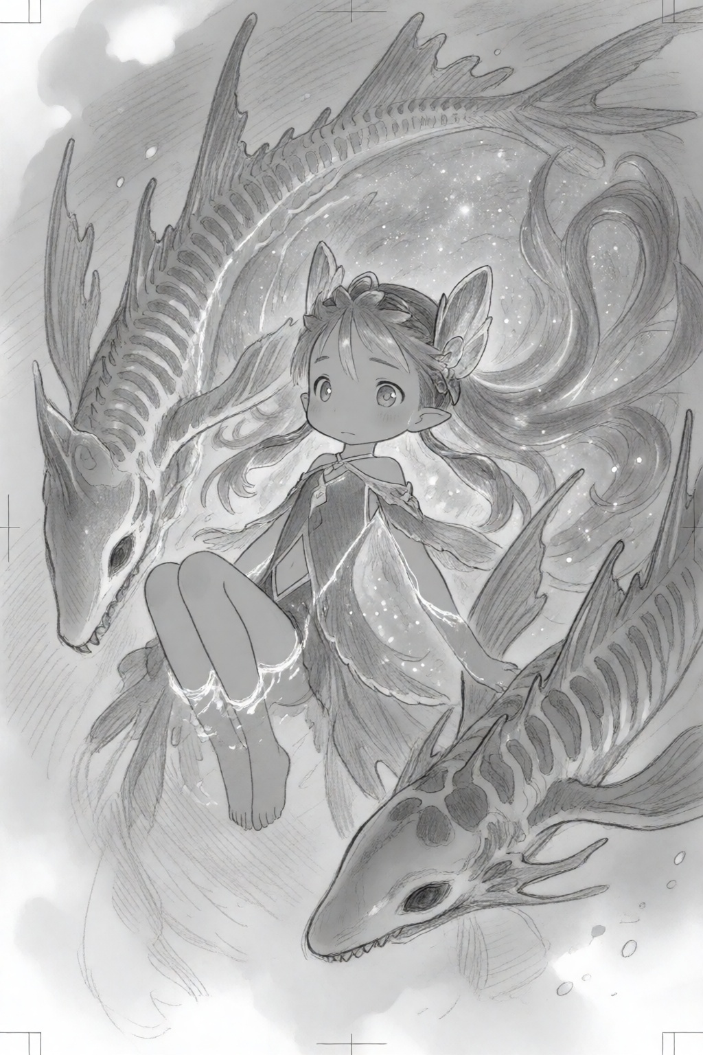 tsukushistyle,  In a dynamic,  high-angle bird's-eye perspective looking down into a swirling cosmic pool on Tensor.Art