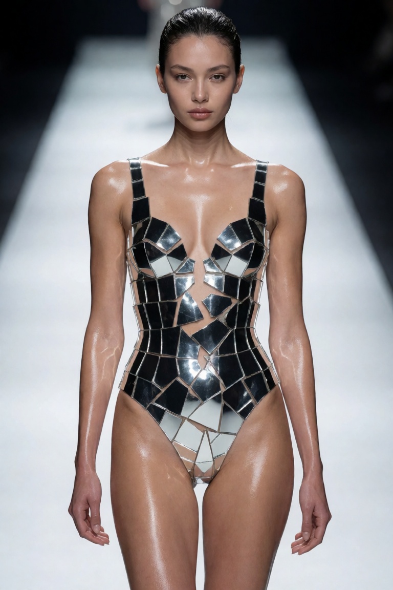broken-mirror metallic bodysuit,  glossy oiled skin highlights,  high fashion editorial on Tensor.Art