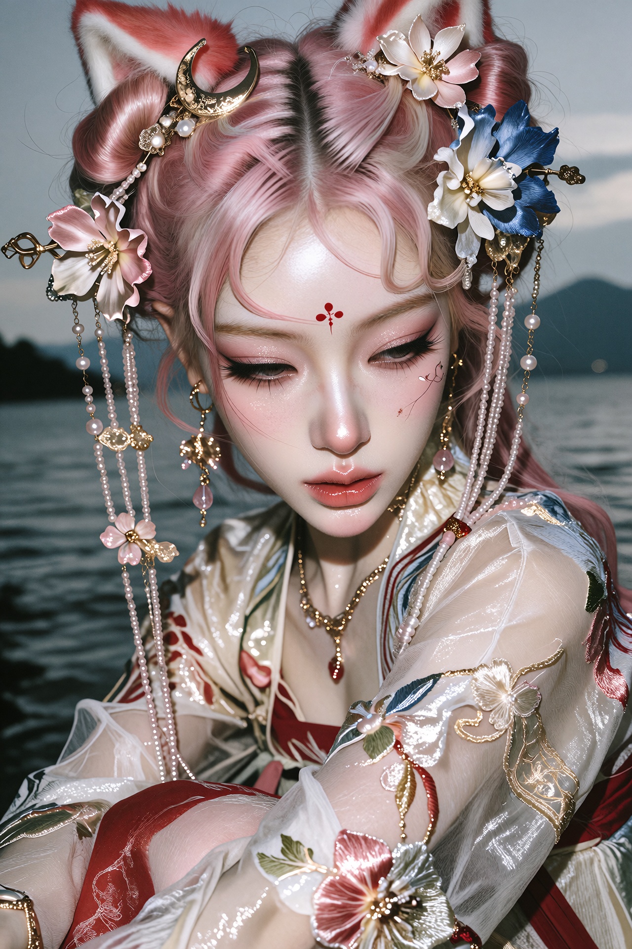 Cinematic editorial portrait photograph of a young woman with voluminous styled pink hair arranged in large rounded victor...