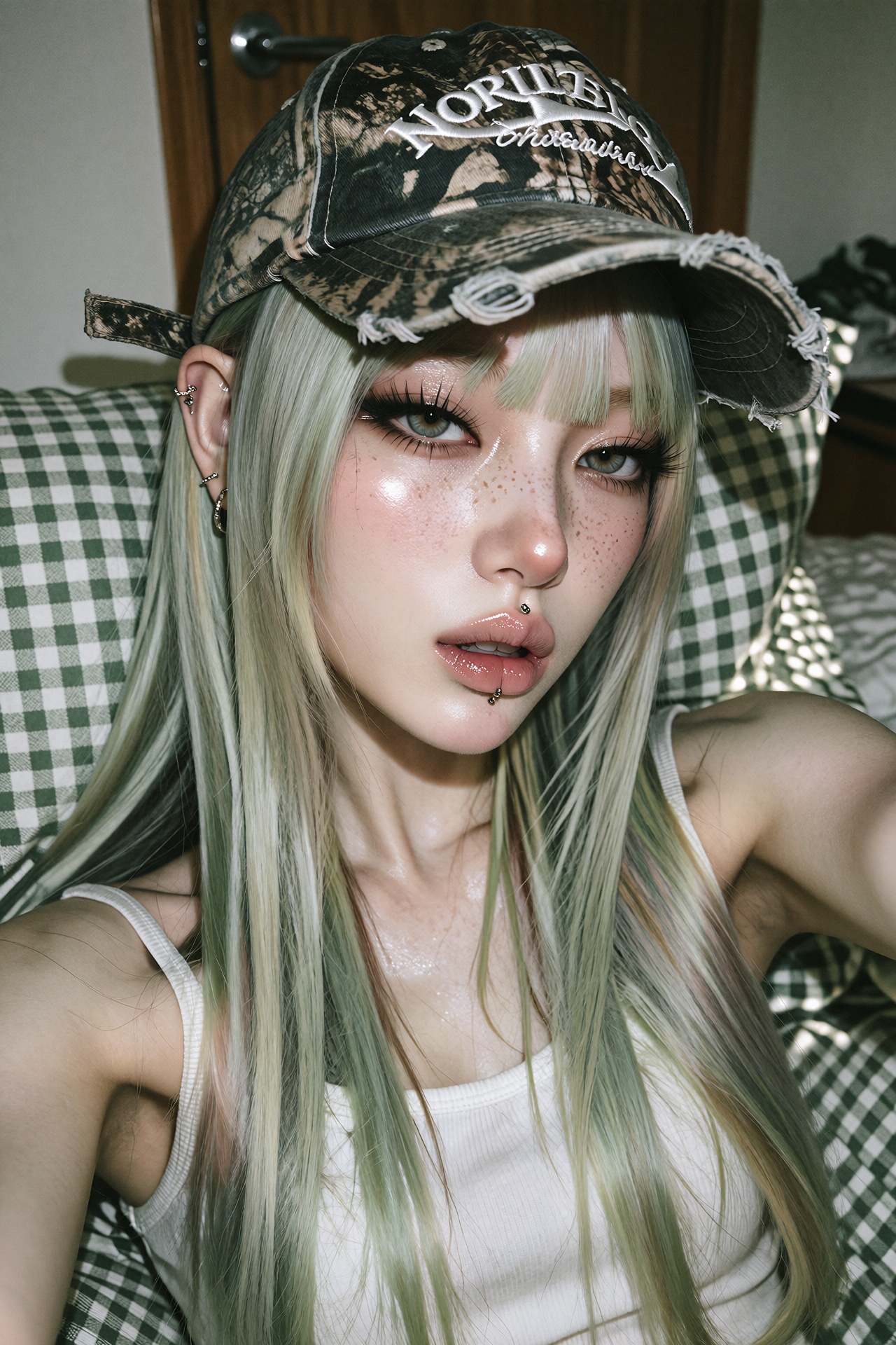 Cinematic editorial close-up selfie-style portrait photograph of a young woman with long straight pale green-tinted blonde...