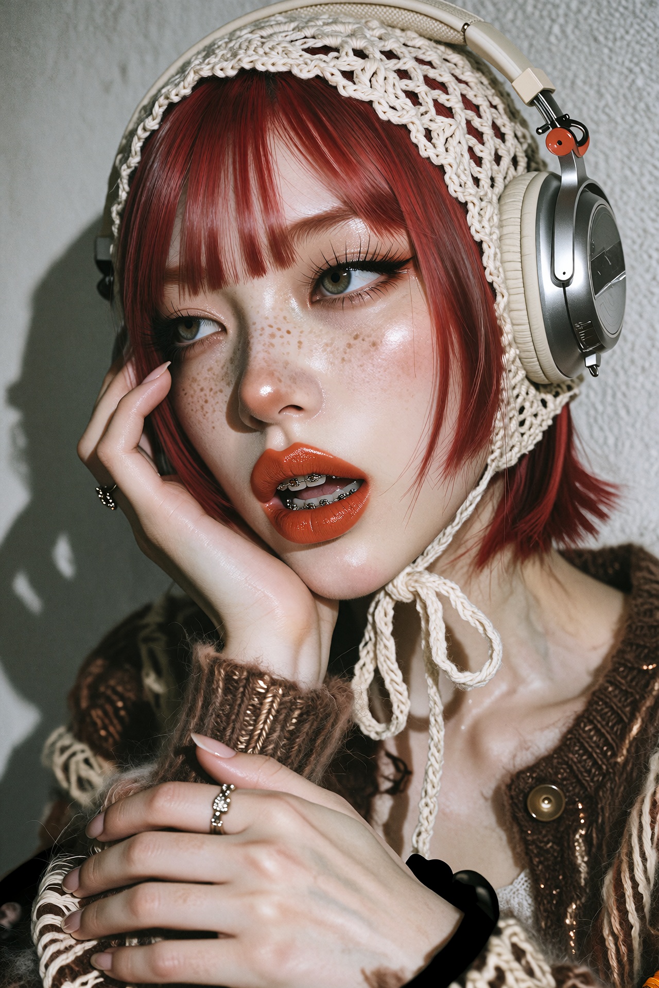 Cinematic editorial close-up portrait photograph of a young woman with a sleek blunt bob haircut in vivid red,  with strai...