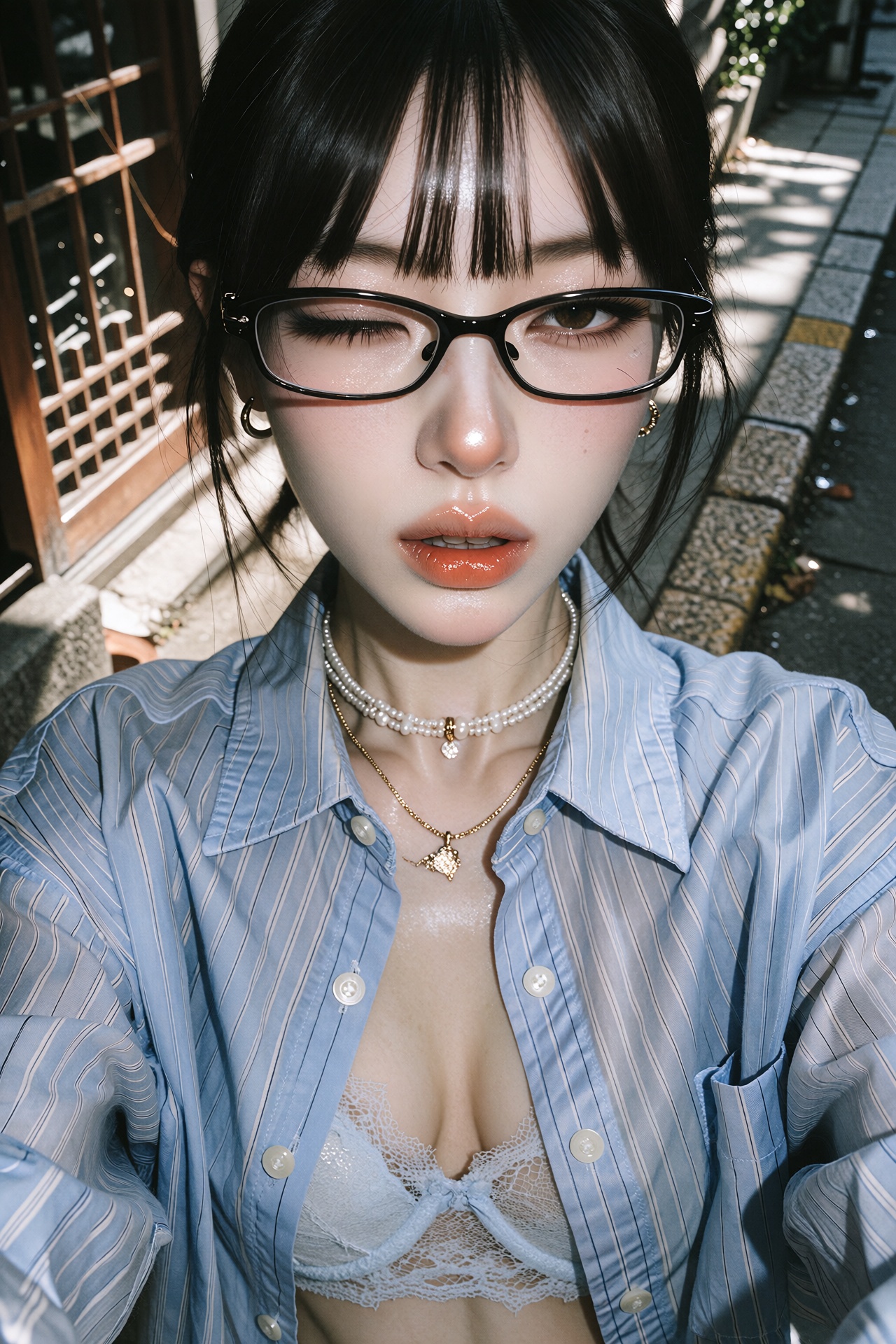 Cinematic editorial close-up selfie-style portrait photograph of a young woman with dark hair styled with blunt bangs fall...