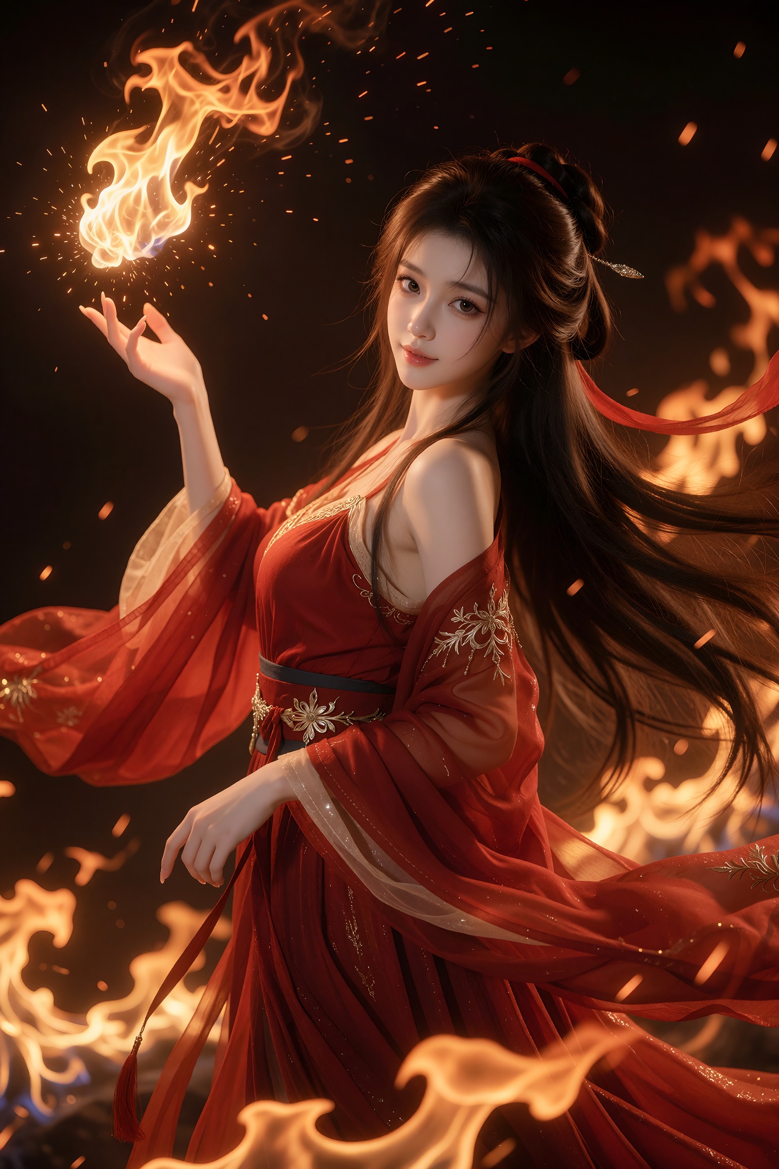3D rendered character,  略低角度仰拍,  相机位于腰部高度向上拍摄。燃烧火焰背景 on Tensor.Art