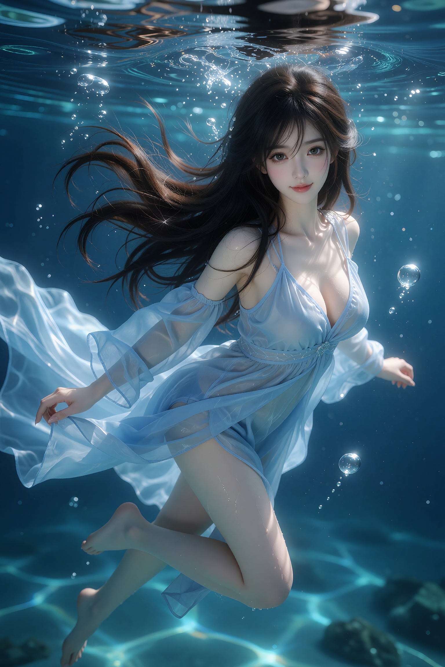 3D rendered character,  清澈水底,  水波荡漾 on Tensor.Art