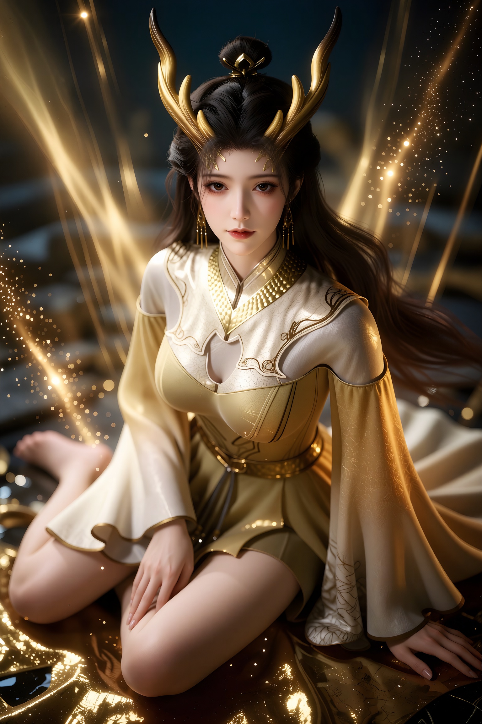 3D rendered character,  微俯视,  相机位于略高位置向下拍摄。闪耀黄金空间 on Tensor.Art
