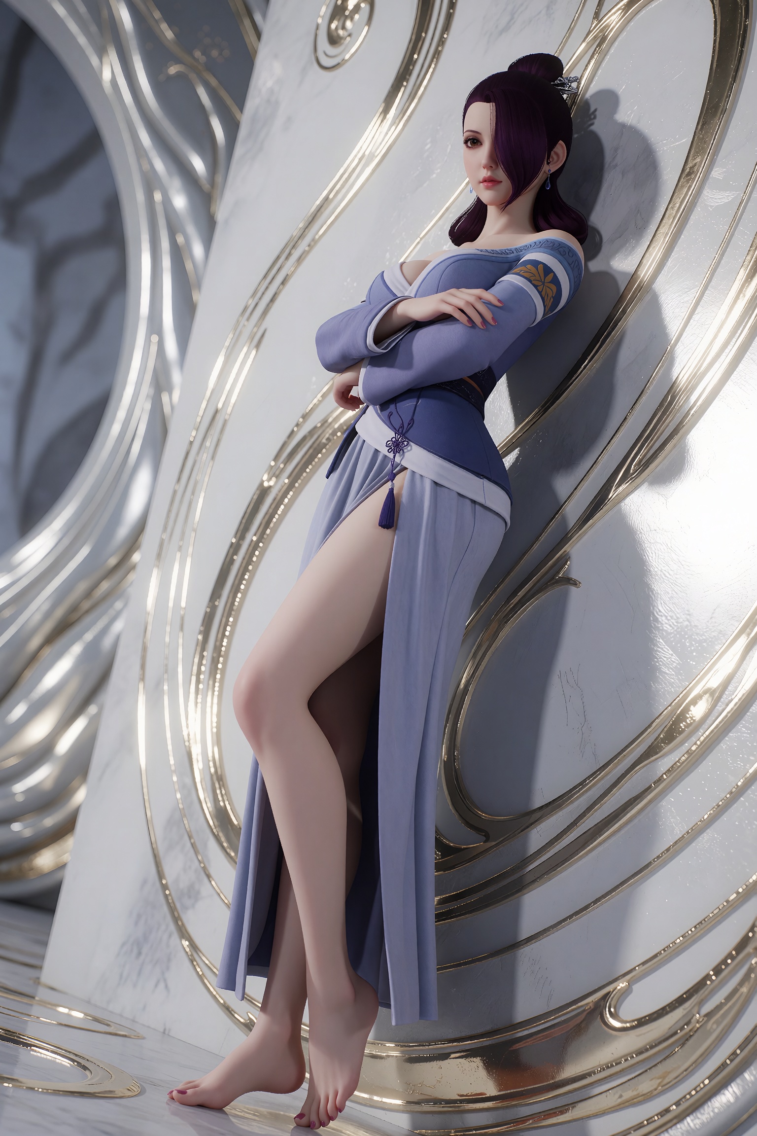 3D rendered character侧低角度,  相机位于地面斜向上拍摄。白金色空间,  银白光泽 on Tensor.Art