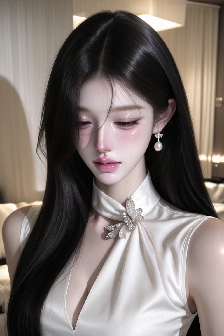 A close-up portrait of a young East Asian woman with fair,  porcelain skin and soft,  natural makeup. She has long on Tens...