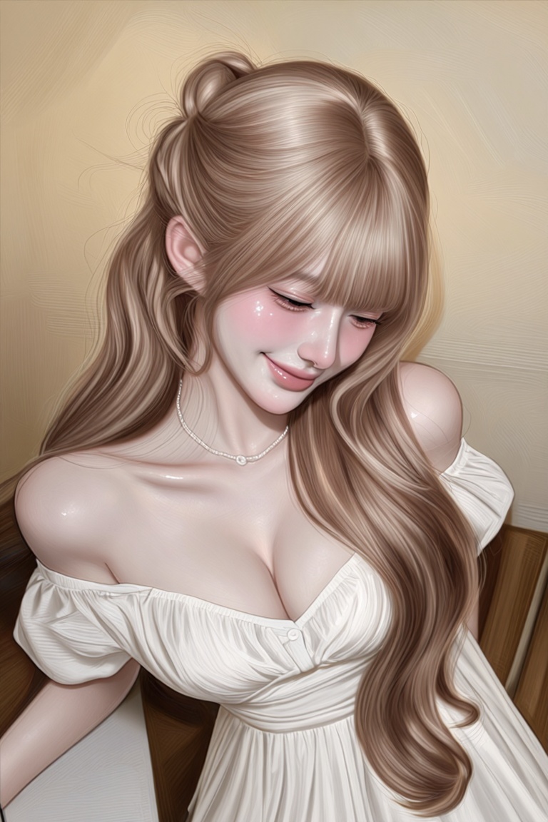 Soft painterly portrait of a beautiful young woman with long wavy light ash-blonde hair,  half tied up in a loose messy bu...