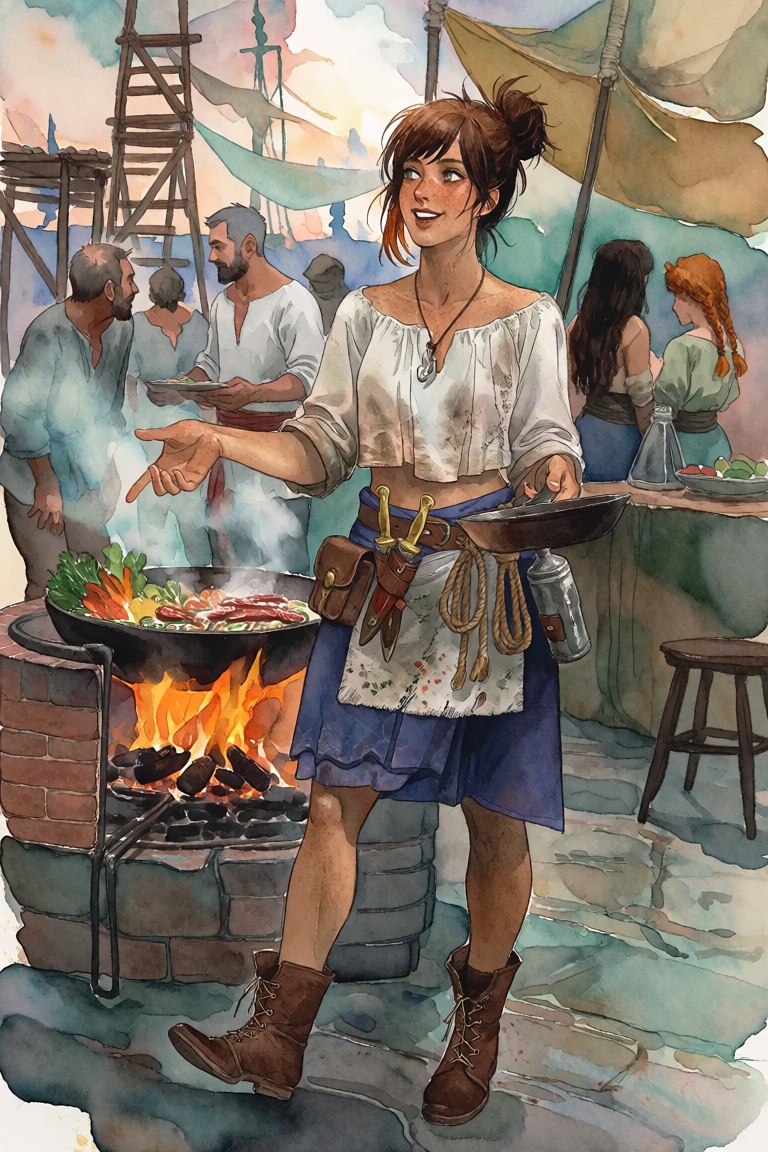 A young woman of apparent Mediterranean or Southern European descent stands at the center of a bustling fantasy street mar...