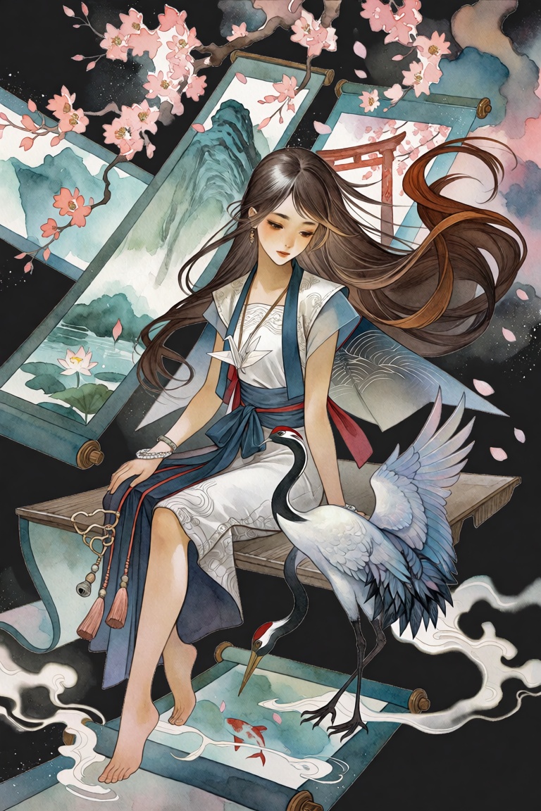 A young woman of East Asian descent,  likely Japanese or Chinese in cultural inspiration,  sits gracefully upon a floating...