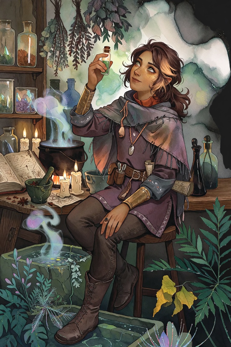 A young woman of mixed elven and human heritage sits perched on a wooden stool in a dimly lit alchemical workshop,  her po...