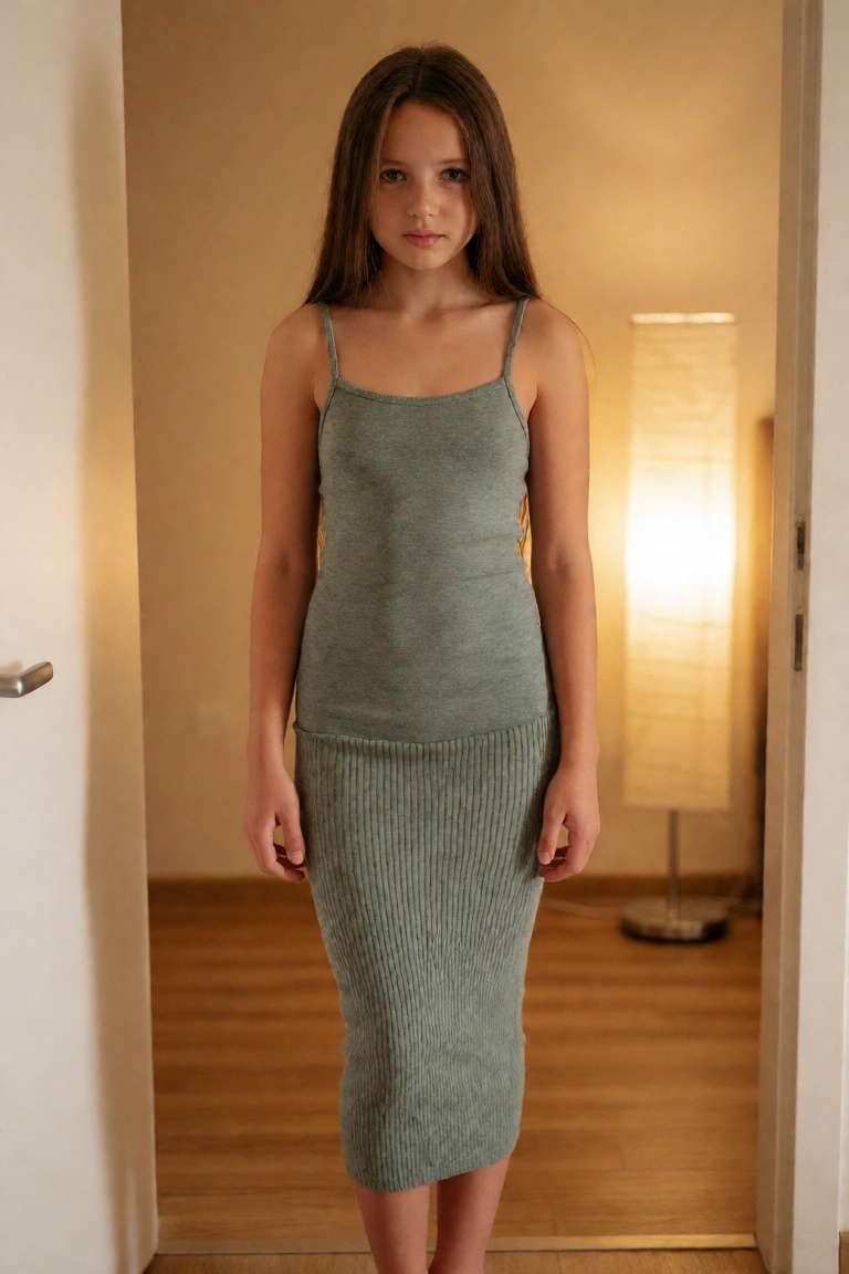 editorial full-length shot of a slender woman standing in a softly lit doorway framing. She wears a tightly bodycon form-f...