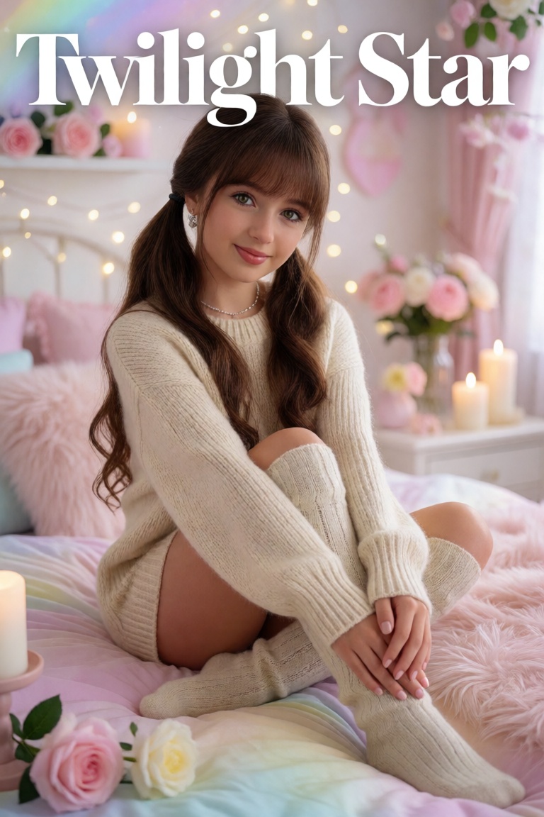 A photorealistic glossy magazine cover featuring a girl sitting on a pastel-colored bed in a dreamy bedroom,  smiling soft...
