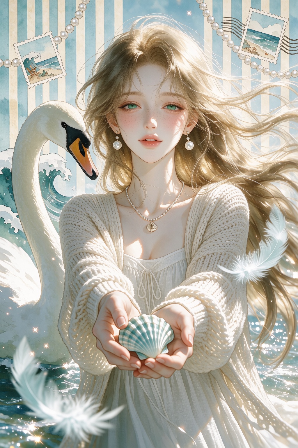 Dreamy close-up PFP of an extraordinarily beautiful ***** manhwa woman,  sun-kissed fair skin with delicate freckles,  sea...