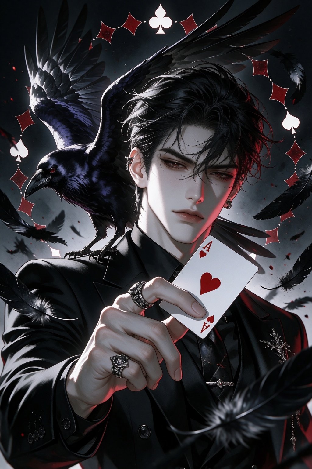 Dynamic close-up PFP of a devastatingly handsome ***** manhwa man,  sharp pale face,  narrow crimson-brown eyes on Tensor.Art