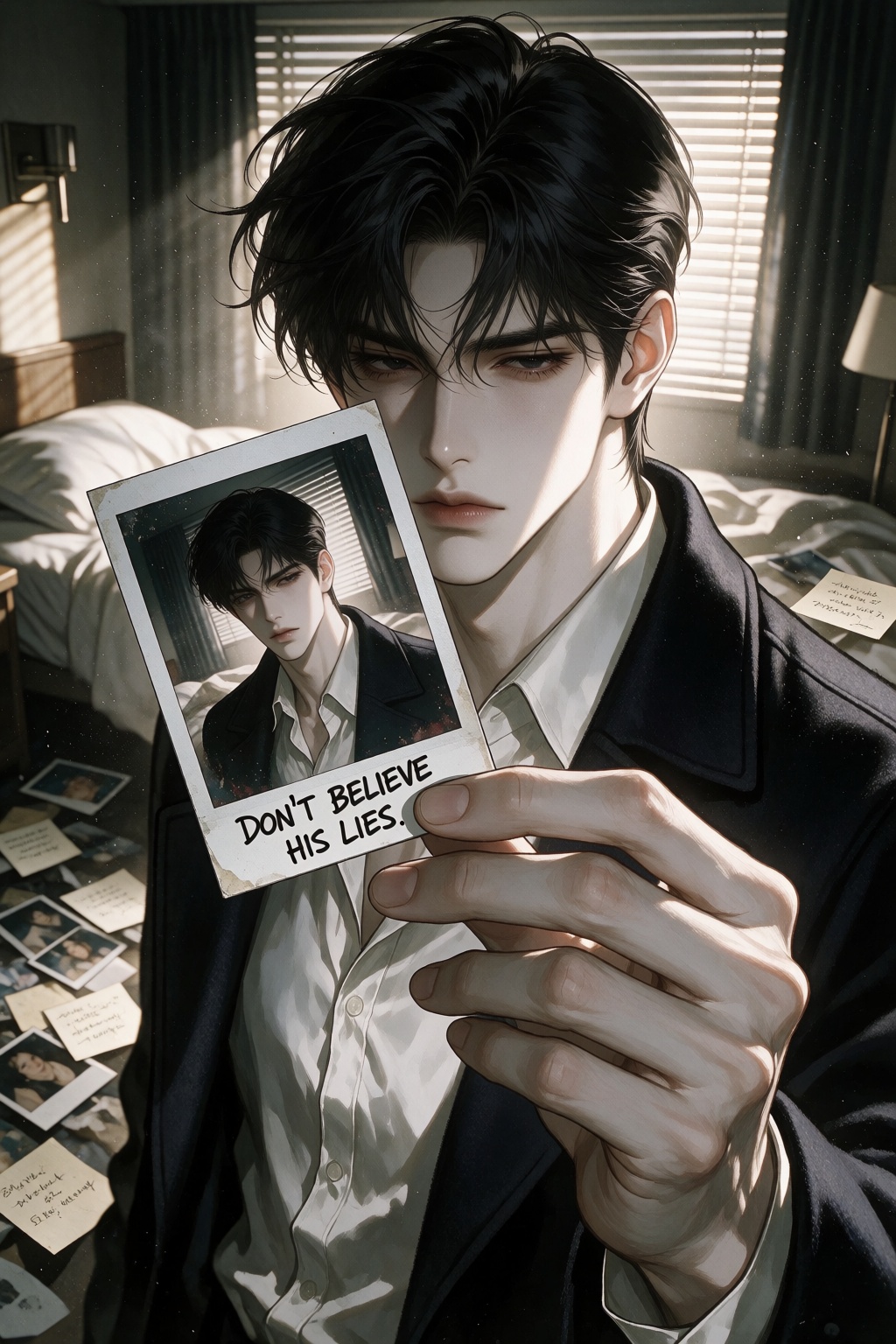 A cinematic close-up portrait of a devastatingly handsome ***** modern manhwa male lead,  refined angular face,  sharp jaw...