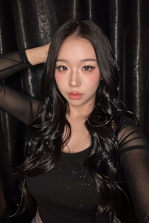 The image shows a person with long,  dark hair,  styled in loose waves. They are wearing a black top with sheer sleeves. T...