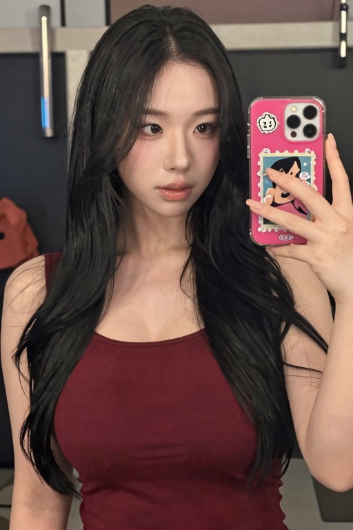 The image shows a young woman with long black hair,  wearing a sleeveless burgundy top. She is holding a smartphone with a...