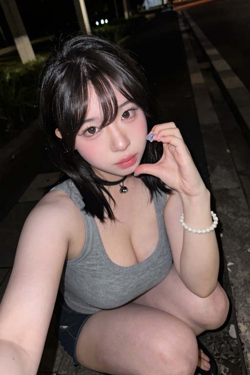{ "subject": { "description": "An ***** young woman in a nighttime outdoor high-angle close selfie,  crouching beside a da...