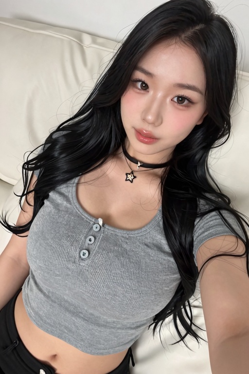The image shows a person lying down on a white surface,  possibly a bed or couch. The individual has long,  dark hair and...