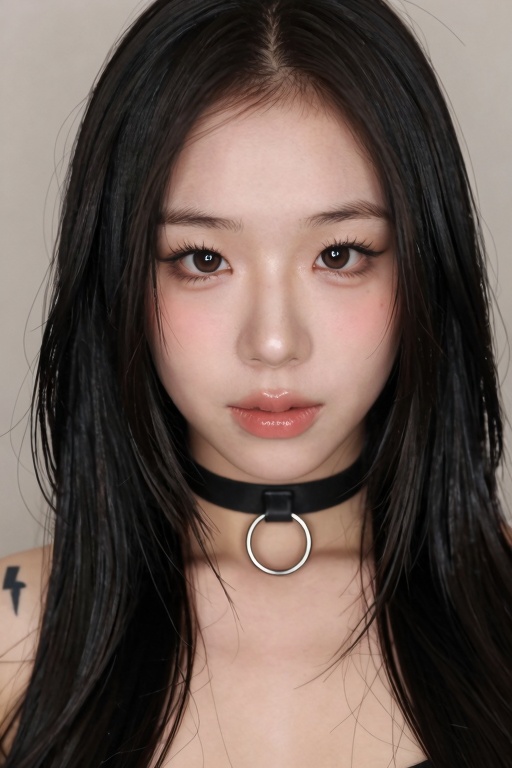 The image shows a person with long,  straight black hair,  wearing a black choker with a circular metal ring. The person h...