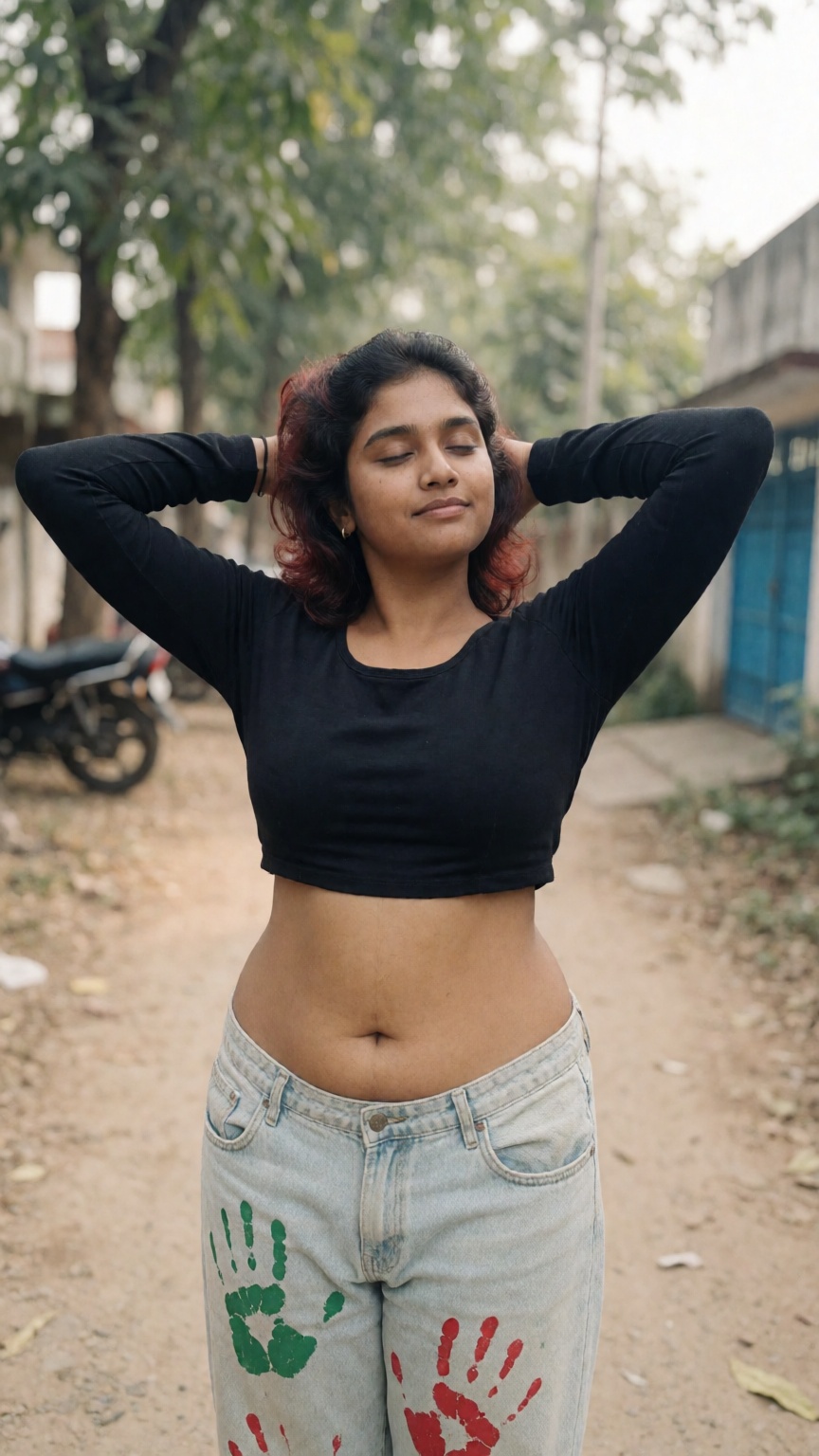 Photograph of a young woman standing outdoors on a dirt path in a suburban area. She has medium brown skin and shoulder-le...