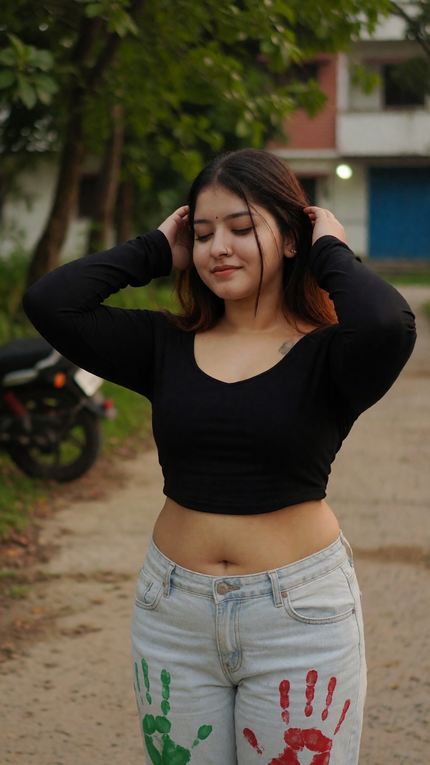 Photograph of a young woman standing outdoors on a dirt path in a suburban area. She has medium brown skin and shoulder-le...