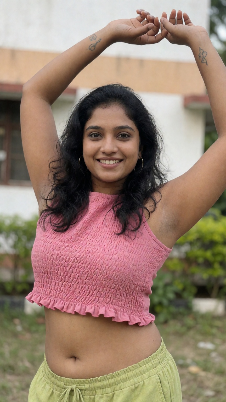 Photograph of a smiling young woman with medium brown skin and long,  wavy black hair. She is wearing a pink,  sleeveless...