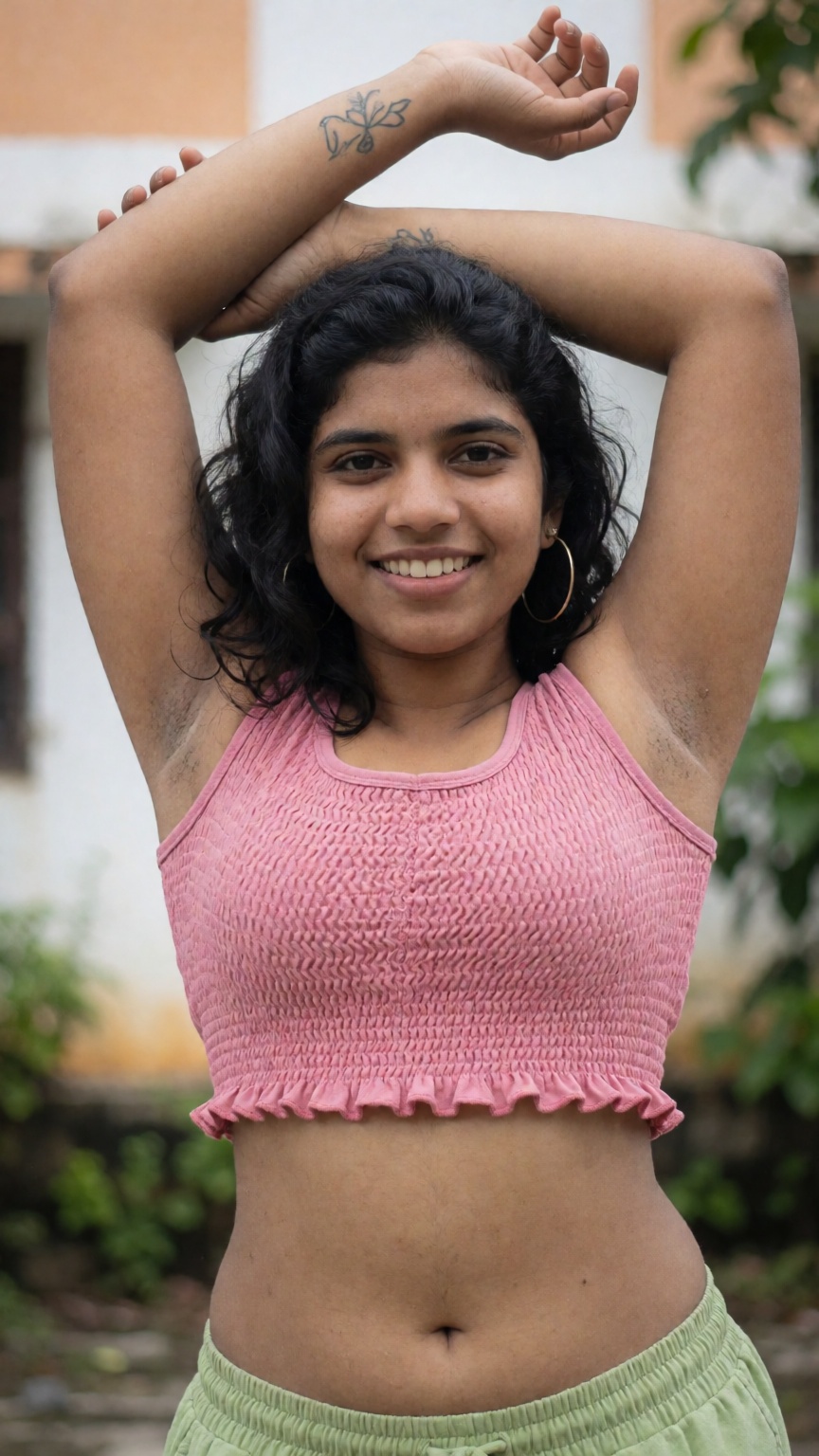 Photograph of a smiling young woman with medium brown skin and long,  wavy black hair. She is wearing a pink,  sleeveless...