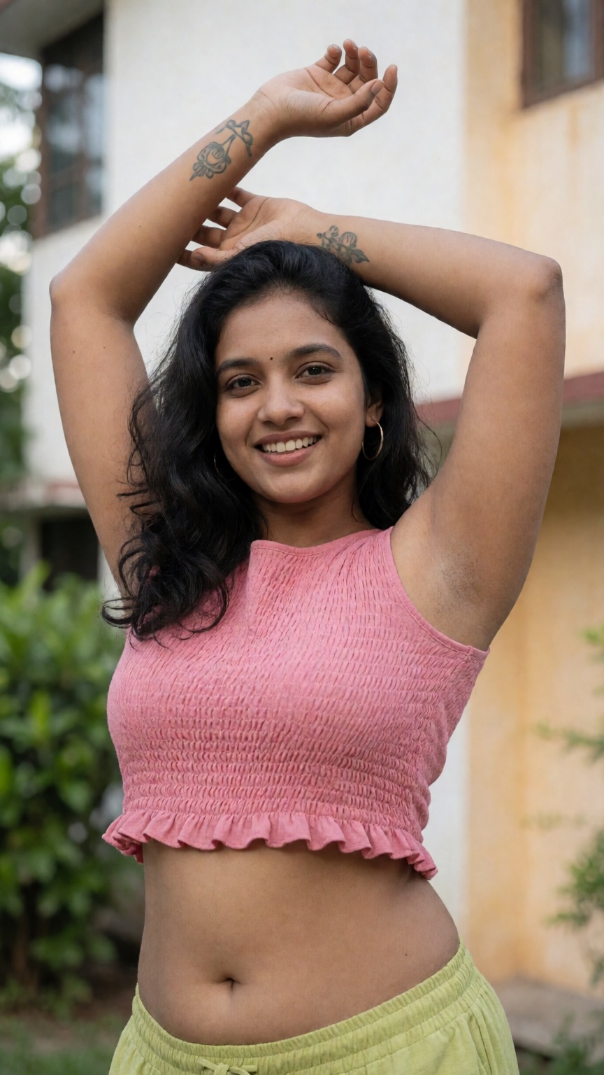 Photograph of a smiling young woman with medium brown skin and long,  wavy black hair. She is wearing a pink,  sleeveless...
