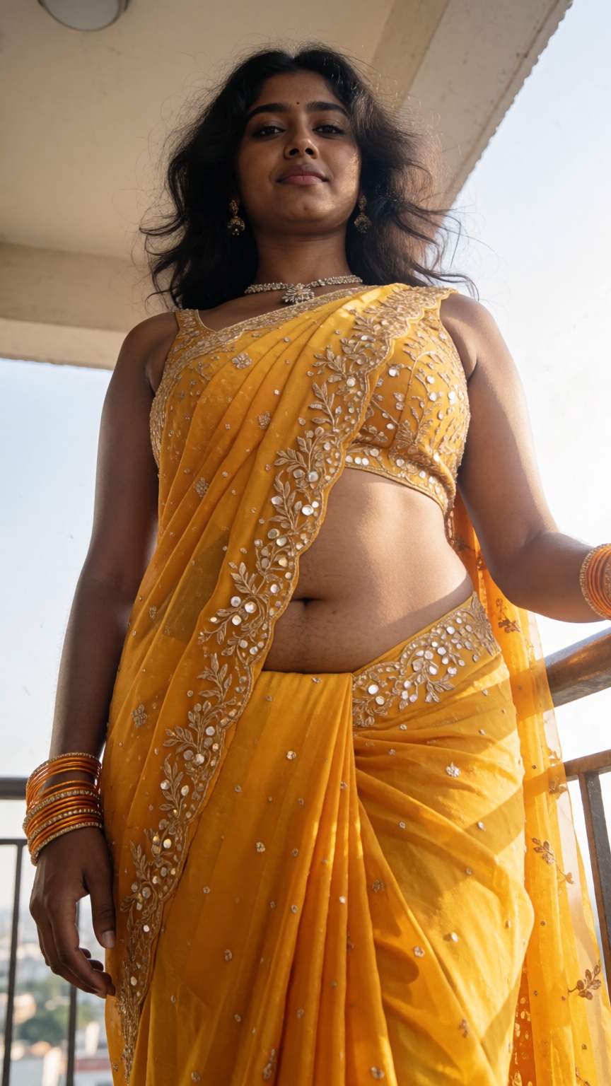 Cinematic photograph of a young dark brown South Asian woman with dark skin and dark hip-length hair,  dramatic extreme lo...