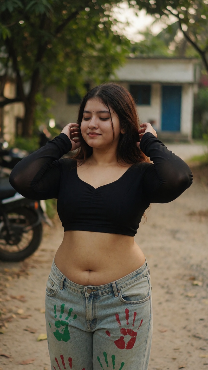 Photograph of a young woman standing outdoors on a dirt path in a suburban area. She has medium brown skin and shoulder-le...
