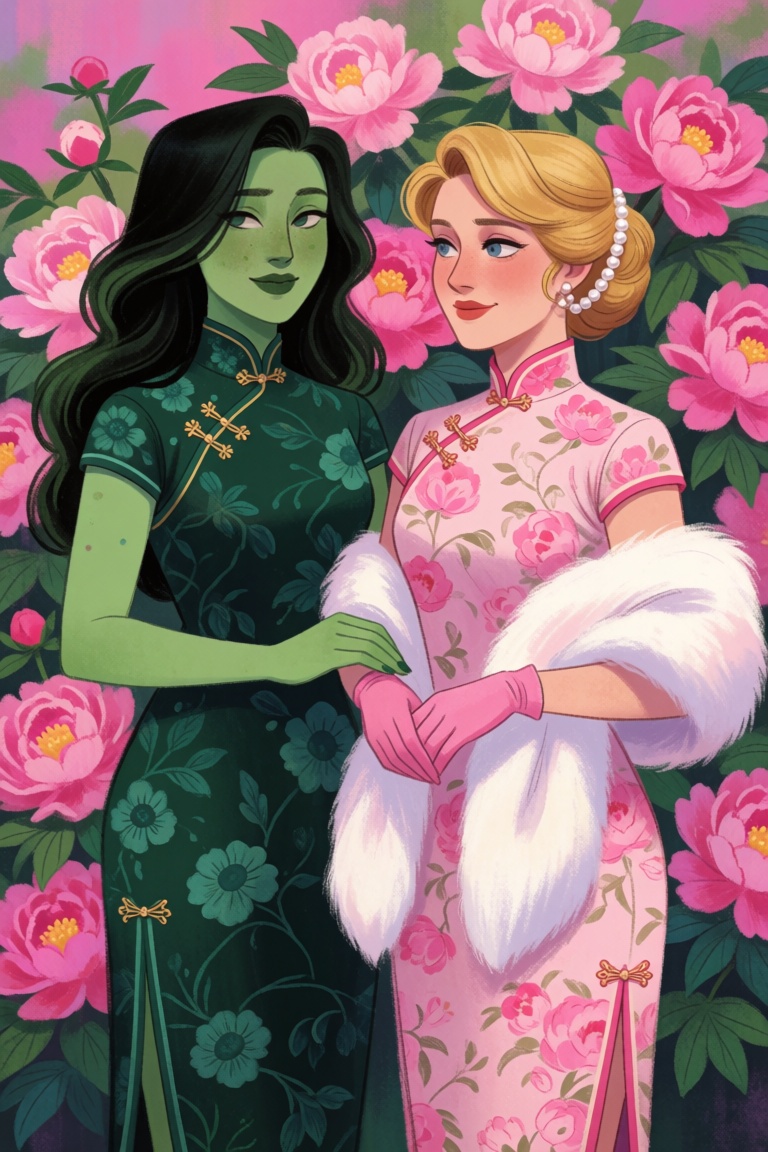 m0ell0w,  Two women stand side by side against a vibrant background of blooming pink peonies and green foliage. The woman...