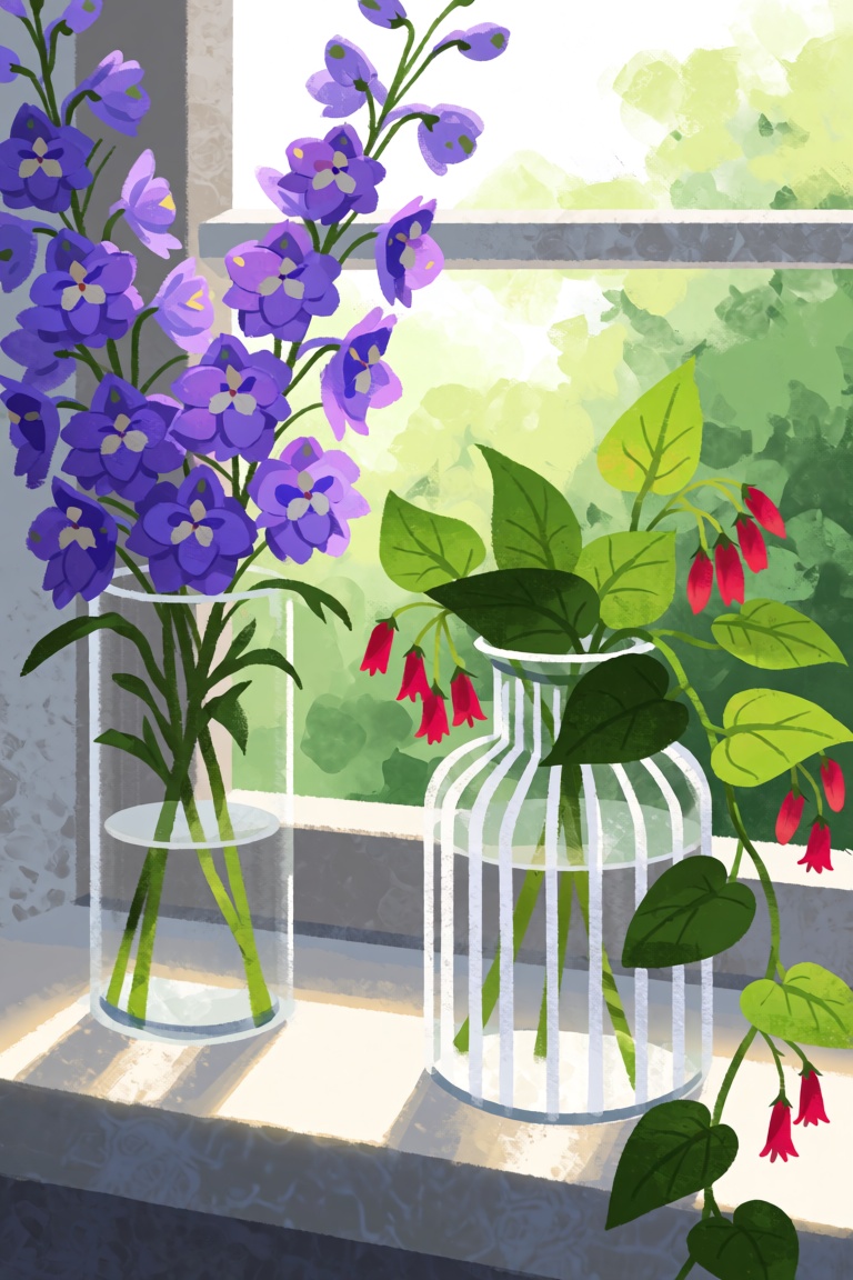 m0ell0w,  Two glass vases sit on a sunlit windowsill. The left vase is a simple cylinder holding tall stems of purple delp...