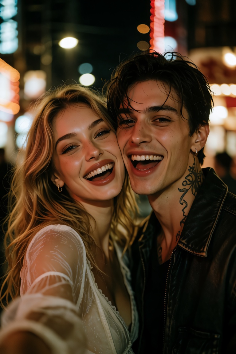 Close-up intimate candid portrait of a young couple laughing on a lively nighttime city street,  the blonde woman with lon...