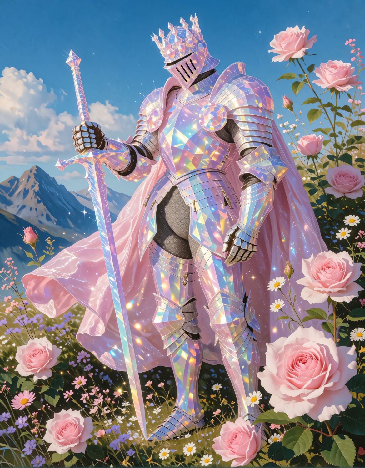A towering crystalline knight in full faceted armor made of iridescent pink and pearl crystal,  wearing a crown-like helme...