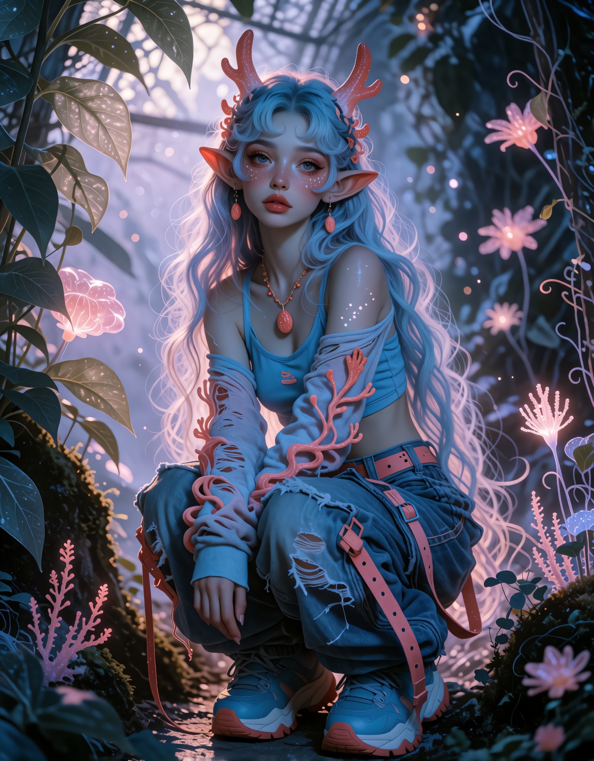 A whimsical,  high-detail fantasy portrait of a young elf-like woman squatting,  centered in frame in an enchanted twiligh...