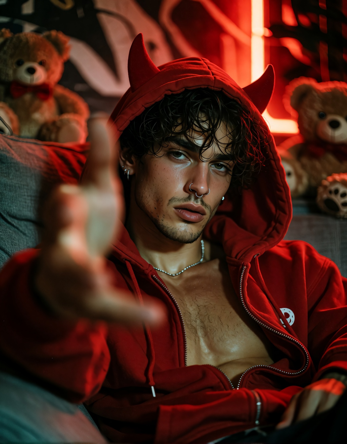 Cinematic intimate portrait of a young man lounging on a gray sofa wearing a bright red hoodie with small devil horns on t...