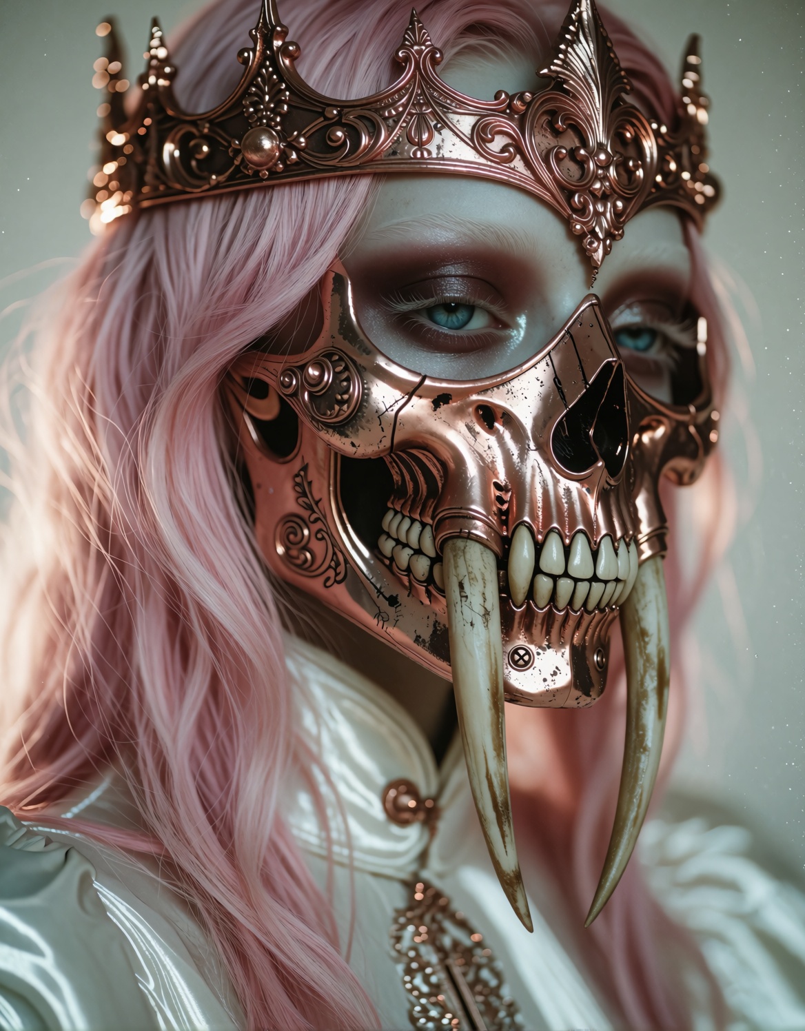 A hyper-detailed,  photorealistic portrait of a pale-skinned figure in three-quarter profile wearing an ornate rose-gold s...