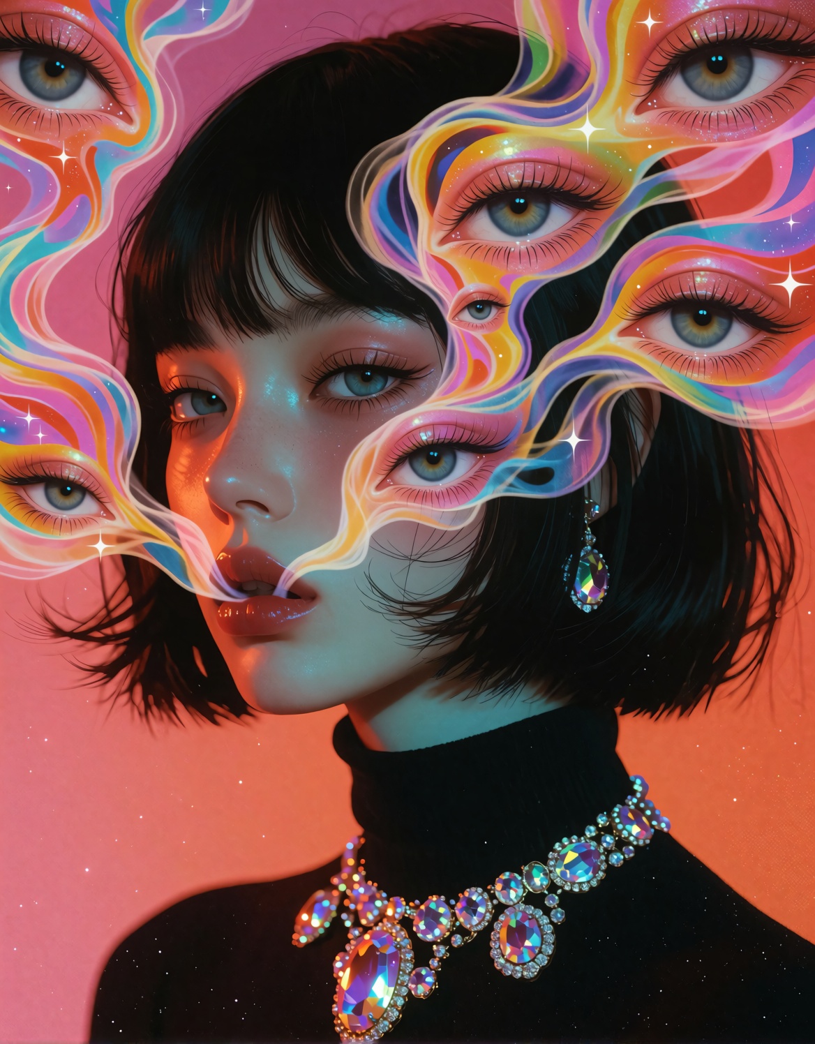 Surreal portrait of a young woman in three-quarter profile,  short black bob haircut,  porcelain skin with soft blush on T...