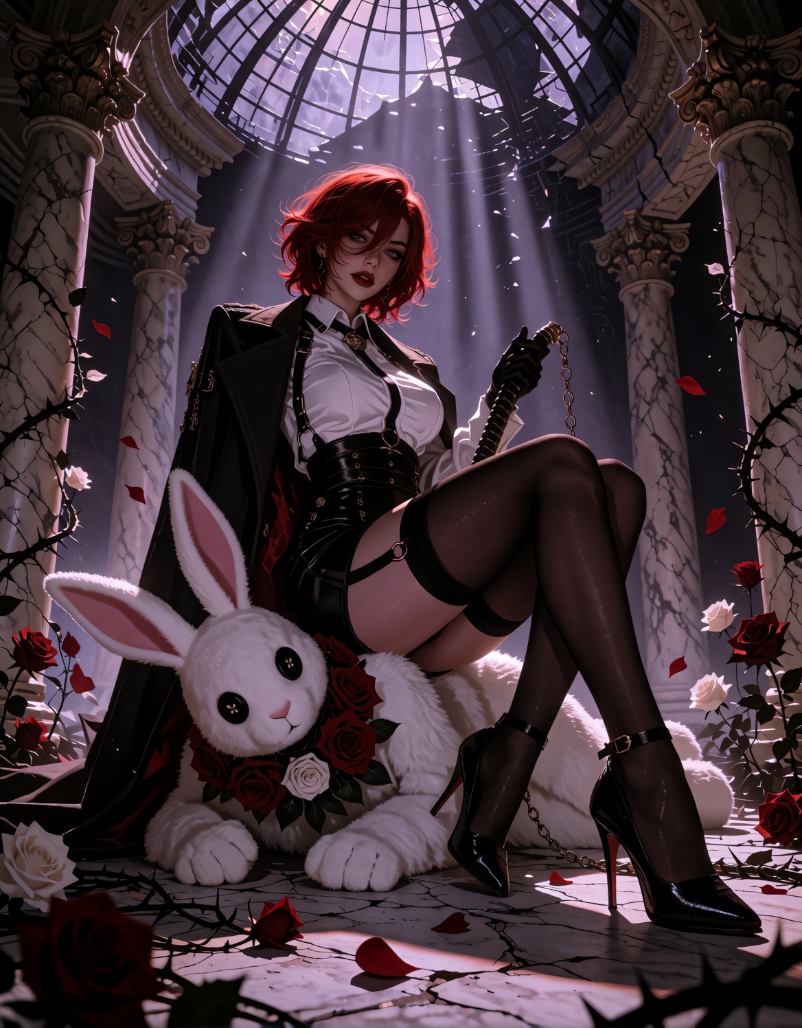 Low-angle cinematic scene of a confident red-haired woman with short layered hair and piercing eyes,  seated dominantly at...